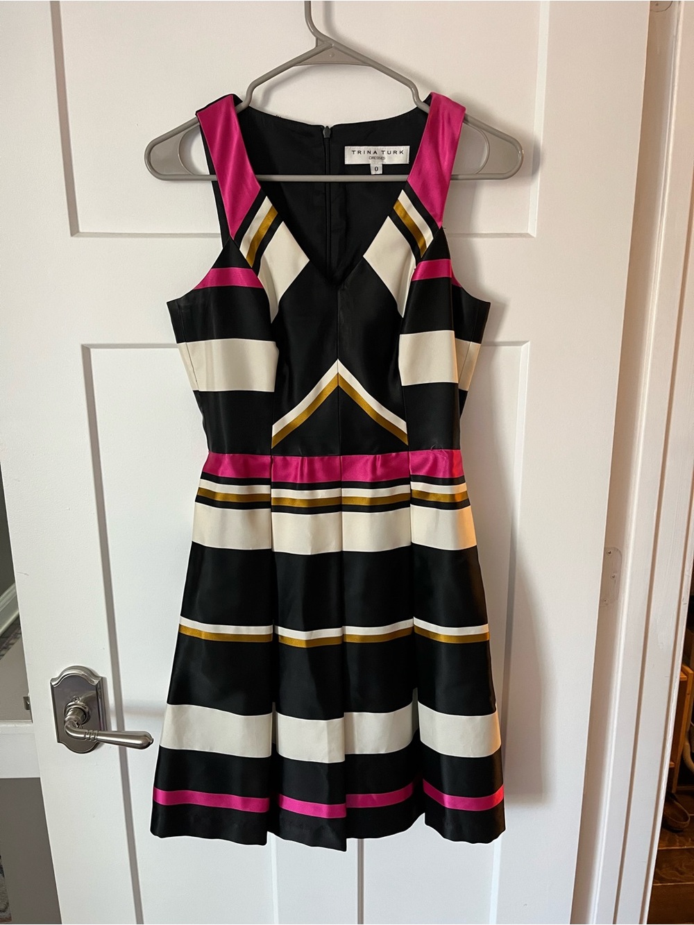 Trina Turk Black, White, Fuchsia & Gold Striped Fit-and-Flare Dress
